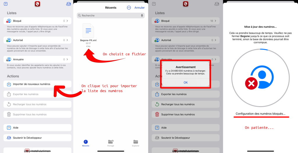 Ajout des numéros à bloquer dans Begone sur iOS